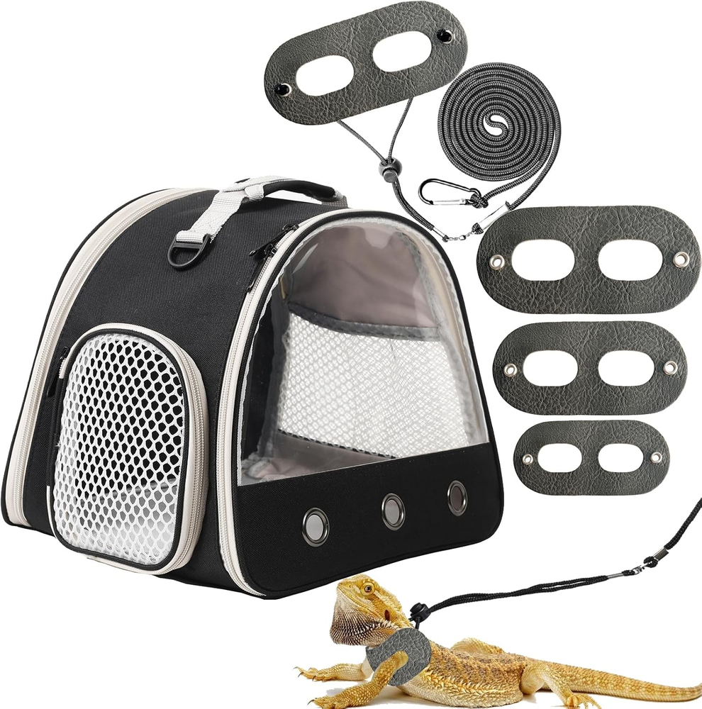 Leopard Gecko Travel Carrier with Adjustable Leather Harness and Leash for Small Pets