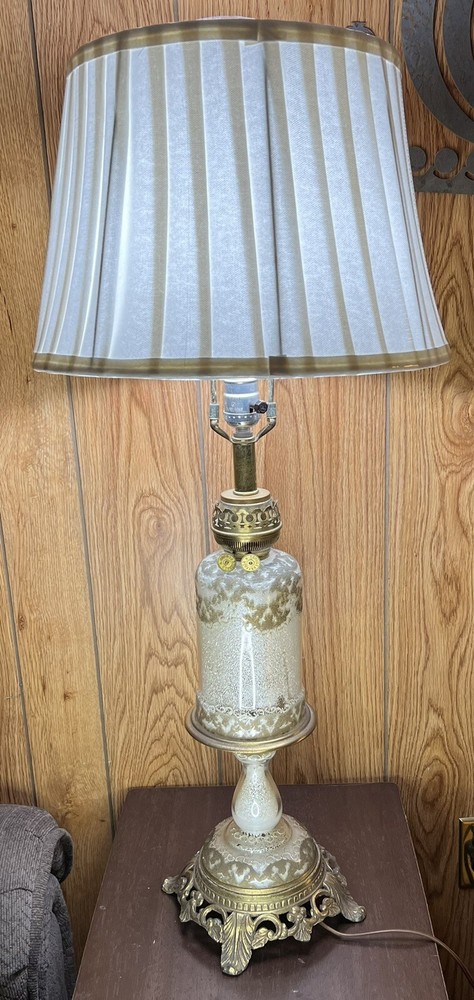 Antique Brass & Glass Filigree Kosmos Brenner Victorian Lamp Oil To Electric 33”