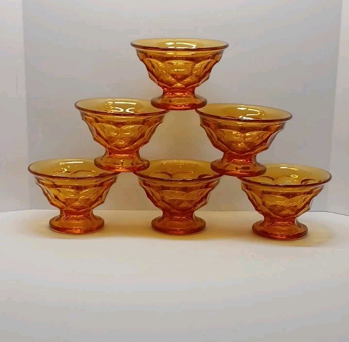 Fenton 6 Georgian Amber Champagne Tall Sherbet Glasses Honey Comb Design