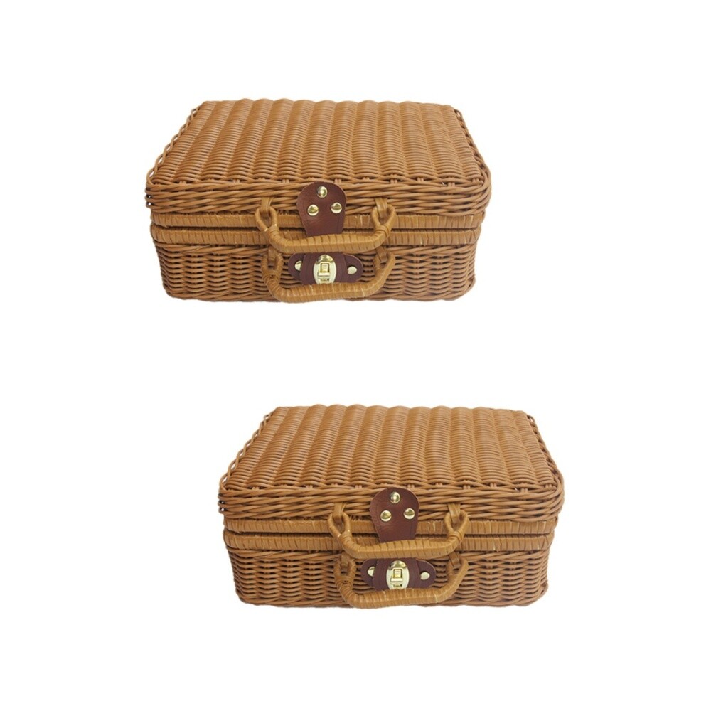 2 Count Wicker Basket Suitcase Portable Storage Box Natural Appearance Travel