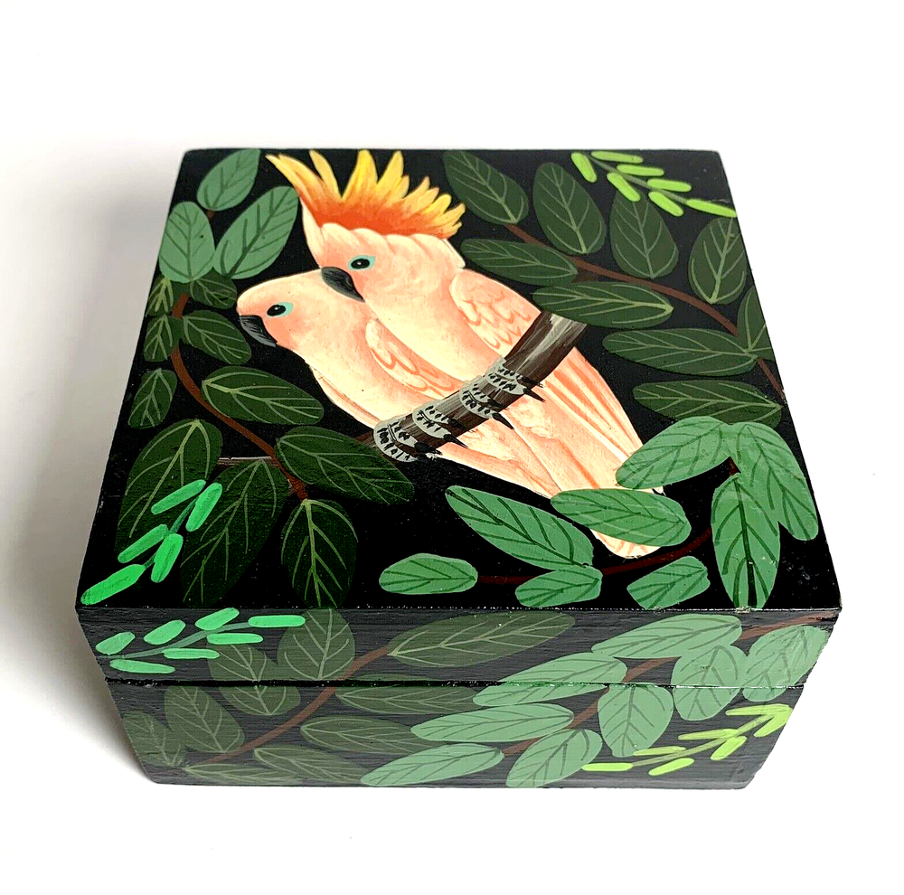 Cockatoo Trinket Box Hand Painted Lacquered Wood Les Creations Moro Haiti
