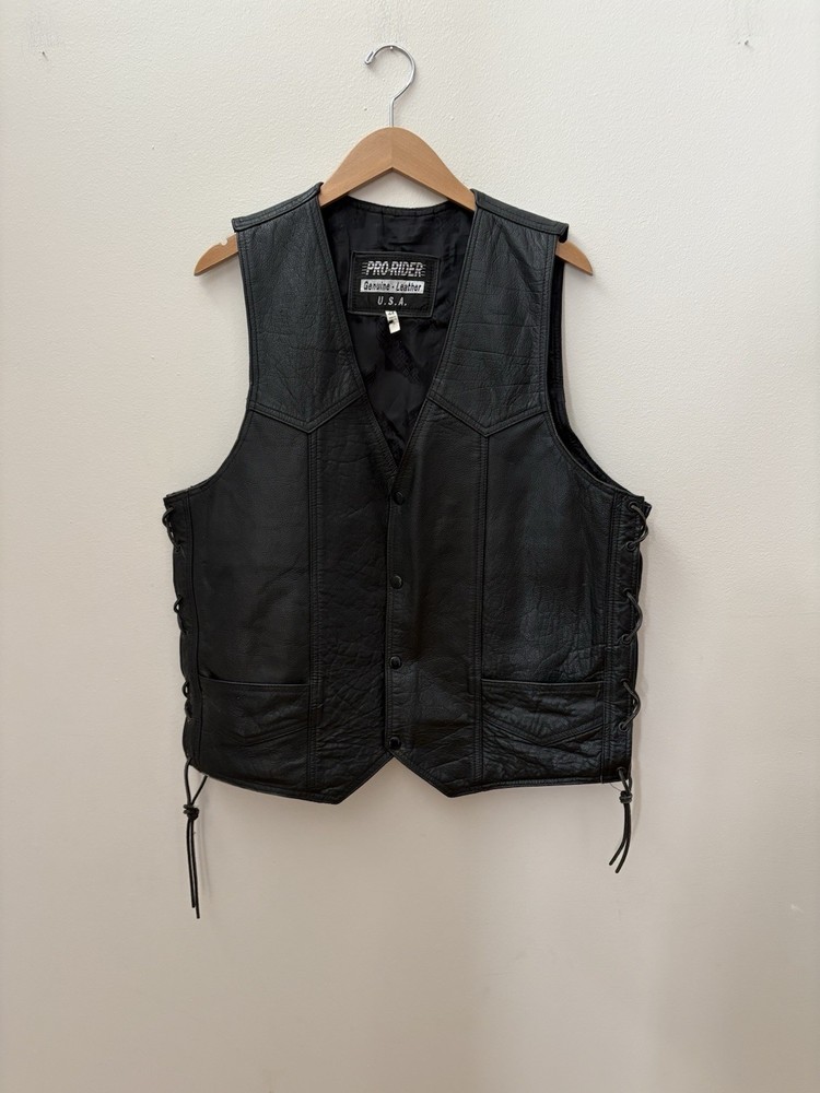Vintage Genuine Leather Black Biker Vest Snap Closure Lace Up Sides Mens Size 44
