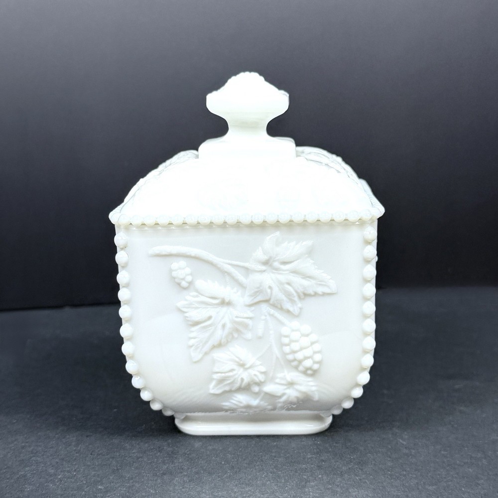 Vintage WG Mark Milk Glass Candy Dish with Paneled Grape Pattern Lid