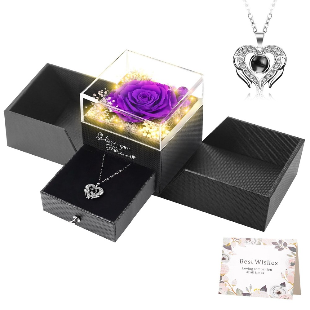 Valentines Day Gift Lighted Preserved Real Rose I Love You Purple Lid Set-image
