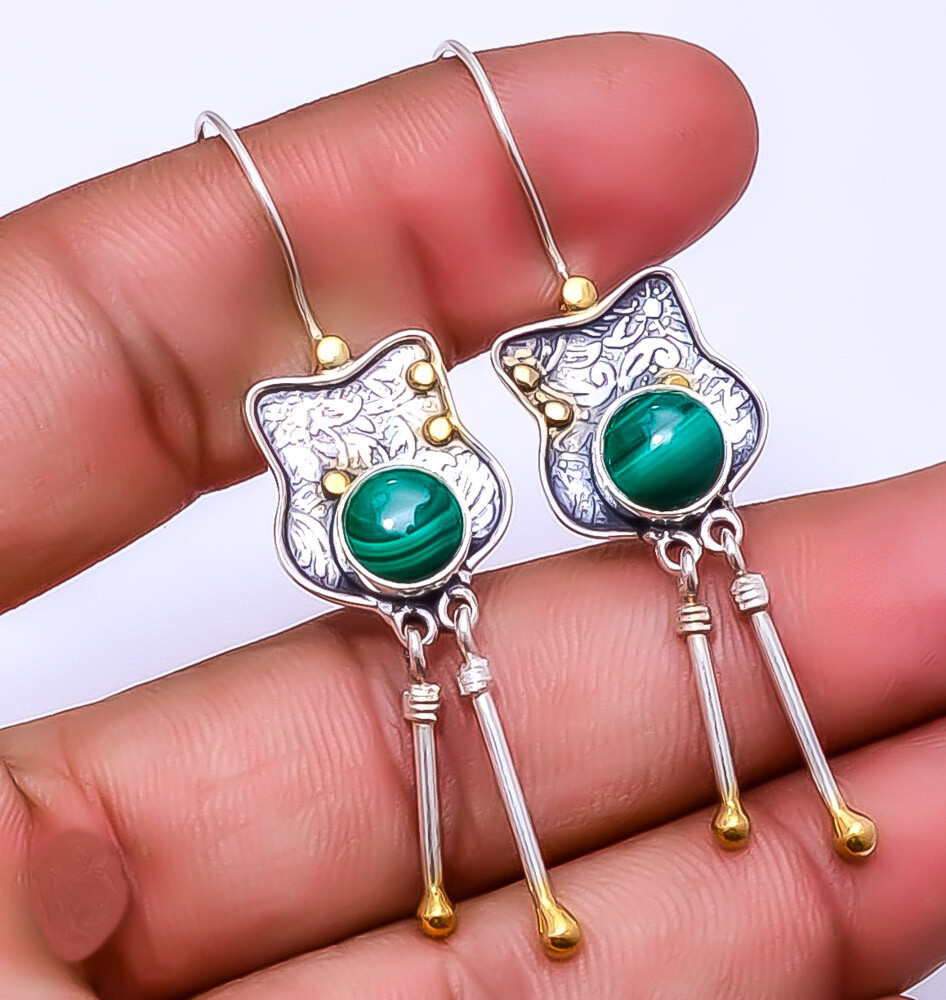Malachite - Congo 925 Sterling Silver Two Tone Earring 2.34