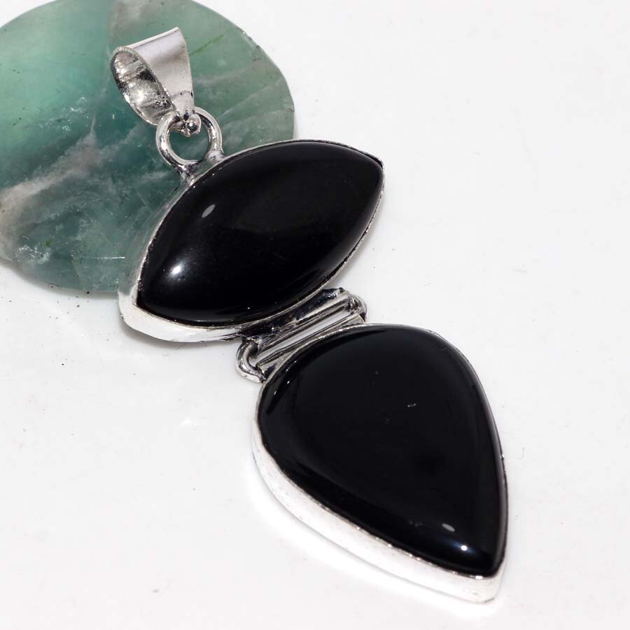 Black Onyx 925 Silver Plated Long Gemstone Handmade Pendant 2.3