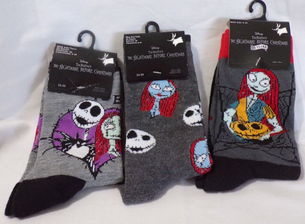 3-Pack Nightmare Before Christmas Sally & Jack Crew Socks Size 4-10