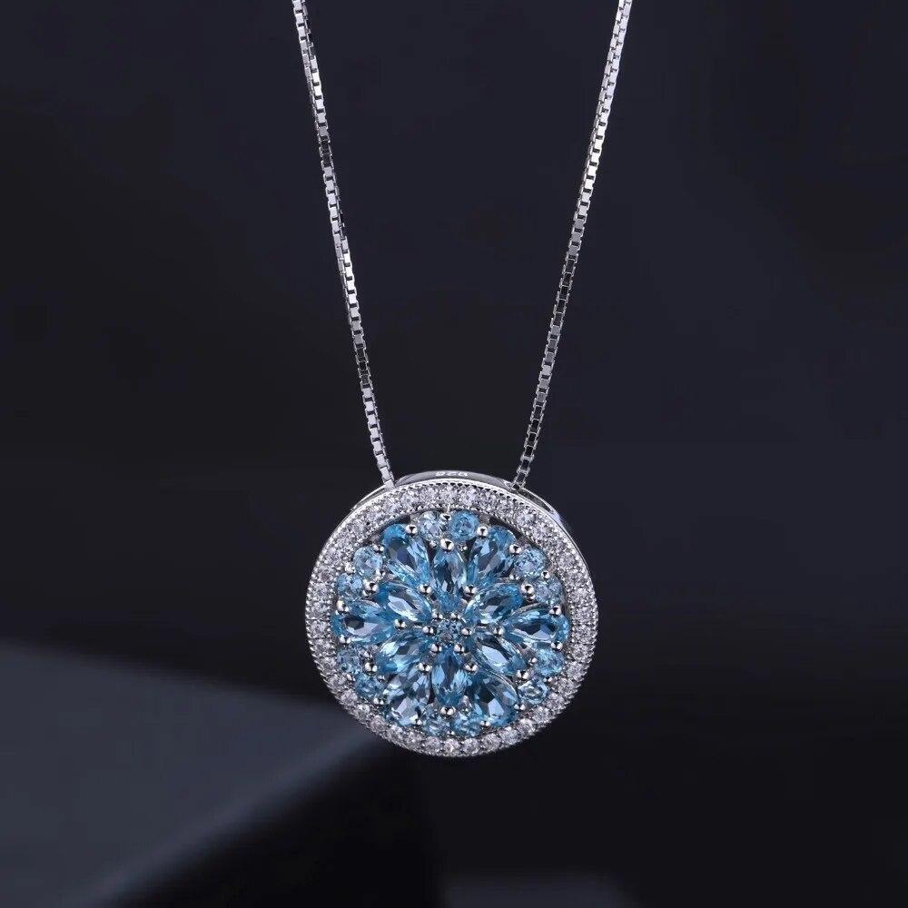 Natural Swiss Blue Topaz Pendant 925 Sterling Silver Round Necklace for Women