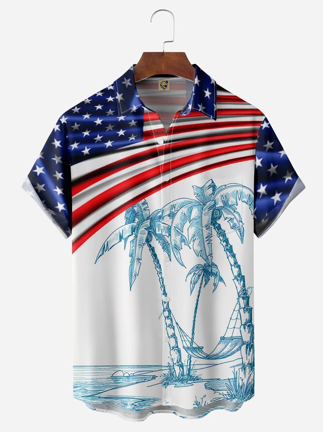 Palm Tree American Flag Pocket Hawaiian Casual Short Sleeve Shirt
