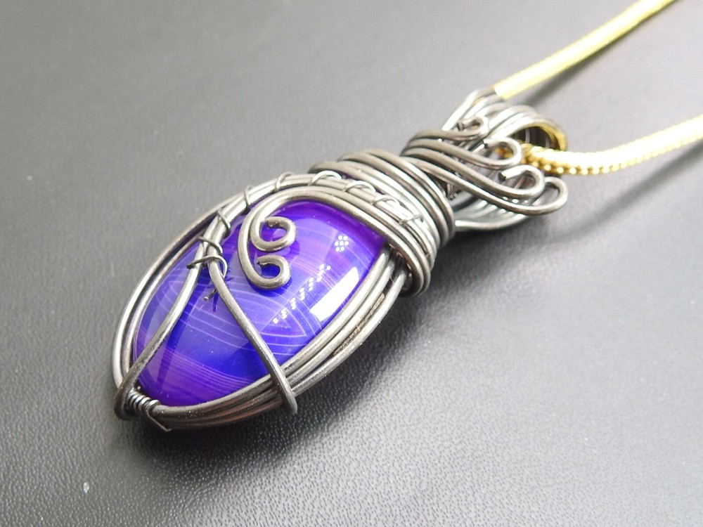 Purple Strip Agate Brass Pendant Silver Oxidised Polished Wire Wrapped Jewelry