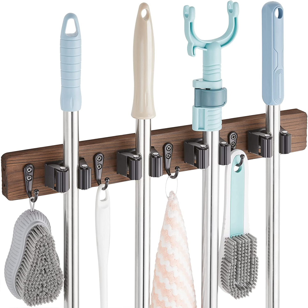 Rustic Wood Wall-Mount Mop & Broom Holder with 4 Slots & 4 Hooks Garage & Kitche