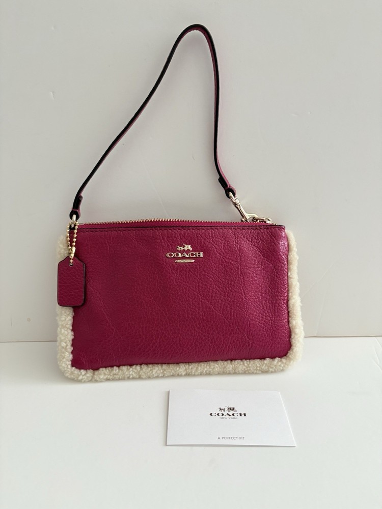 Coach Corner Zip Wristlet with Shearling Trim in Raspberry Pink EUC