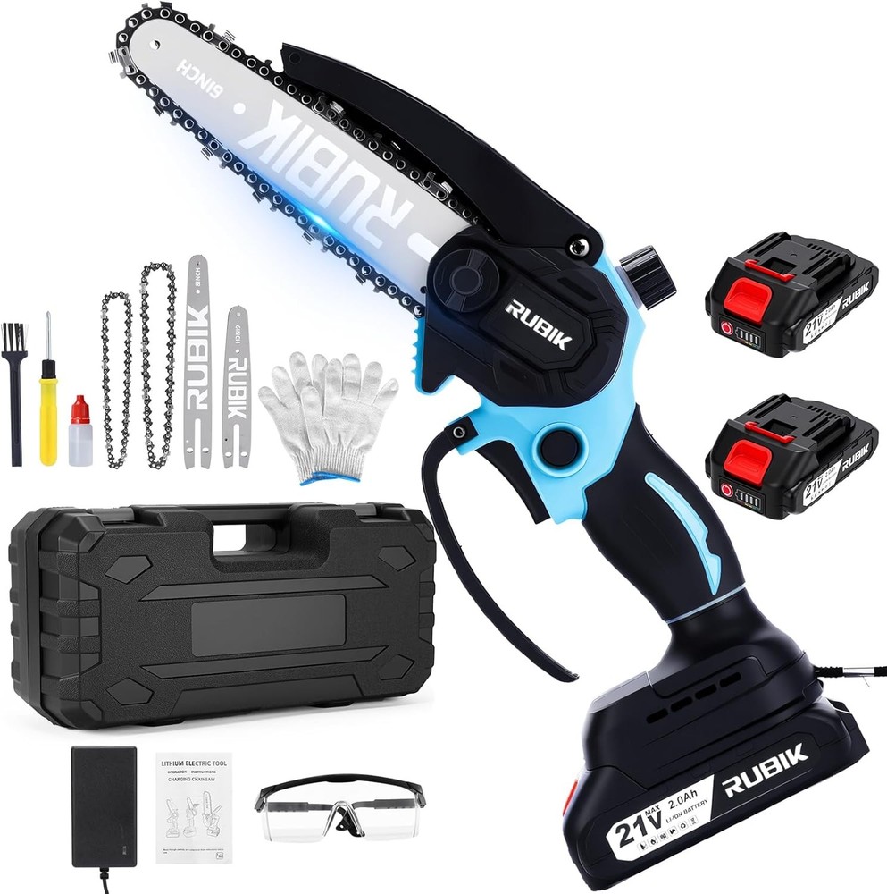 Cordless Mini Chainsaw 8 Inch & 6 Inch Electric Battery Powered Light Blue