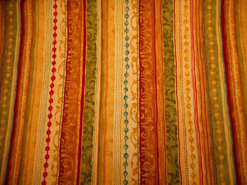 Christmas Fabric By Yard Gold Green Red Stripe Tidings Premium Cotton Vtg #36 #C