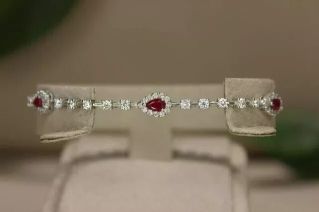 14K White Gold Plated 4Ct Pear Lab-Created Red Ruby Tennis Bracelet