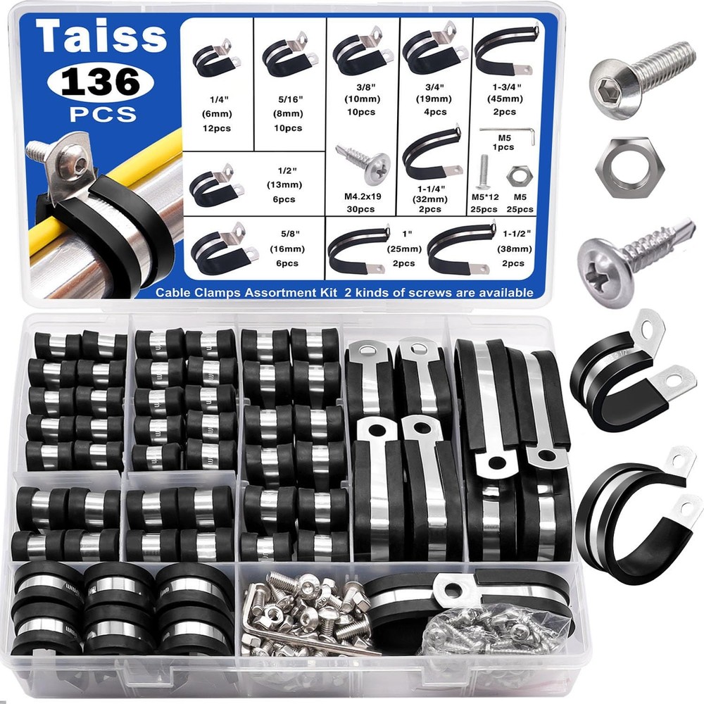 136PCS 10-Size Cable Clamp Kit with 304 Stainless Steel & Rubber Cushion for Secure Wiring