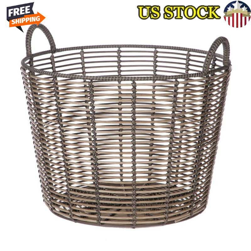 Extra Large Round Poly Rattan Storage Basket W/ Handles Home Organization Sturdy