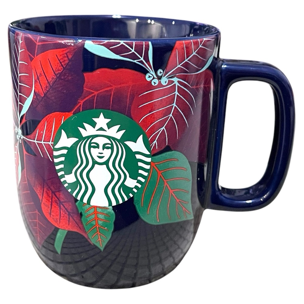 Starbucks 2020 Holiday Navy Blue Poinsettia Christmas 12 oz Tea Coffee Mug