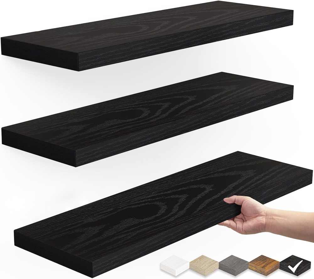3-Pack Black Floating Wall Shelves Rustic Wood 15.7