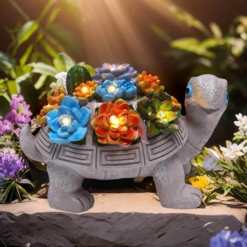 Solar Garden Turtle Statues 7 LED Lights Outdoor Decor Turtle with Succulent