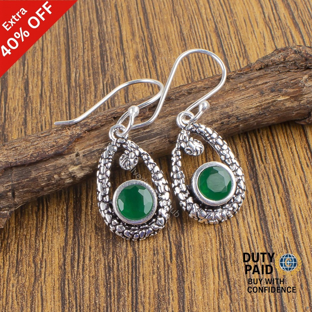 Christmas Sale 925 Silver Green Onyx Stone Daughter Bezel Drop Earrings Jewelry-image