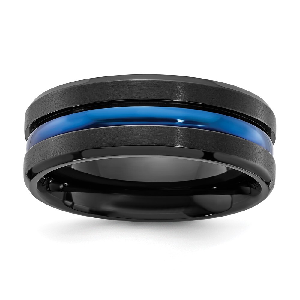 Black Titanium Brushed with Polished Blue IP-plated Center 8mm Band Ring Size 10