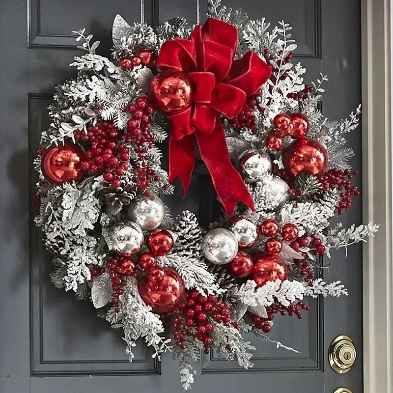 Christmas Wreath Front Door Red Ball Ornaments Window New Mantle Indoor Outdoor