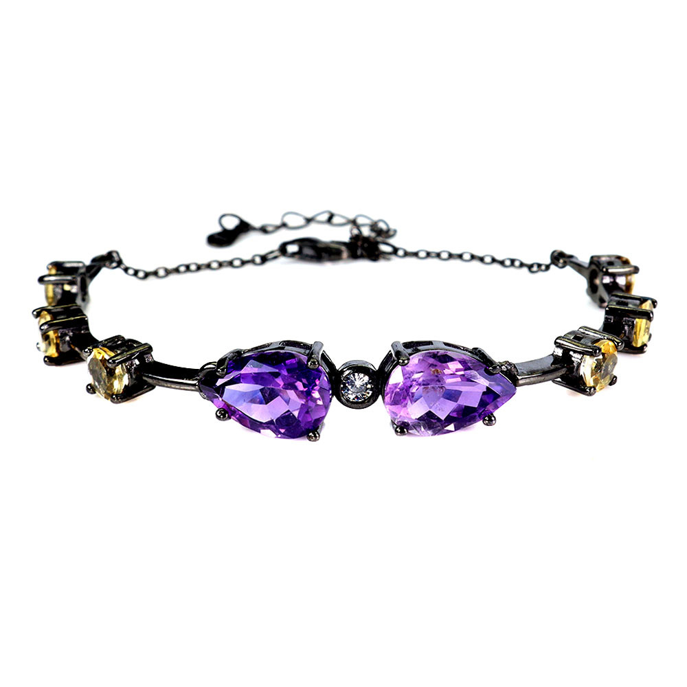925 Sterling Silver Bracelet Pear Amethyst 12x8mm Citrine Gemstone Jewelry 6in
