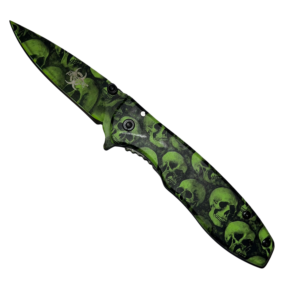 Spring Assisted Open Pocket Knife Tactical Skulls on Handle & Blade EDC Camping