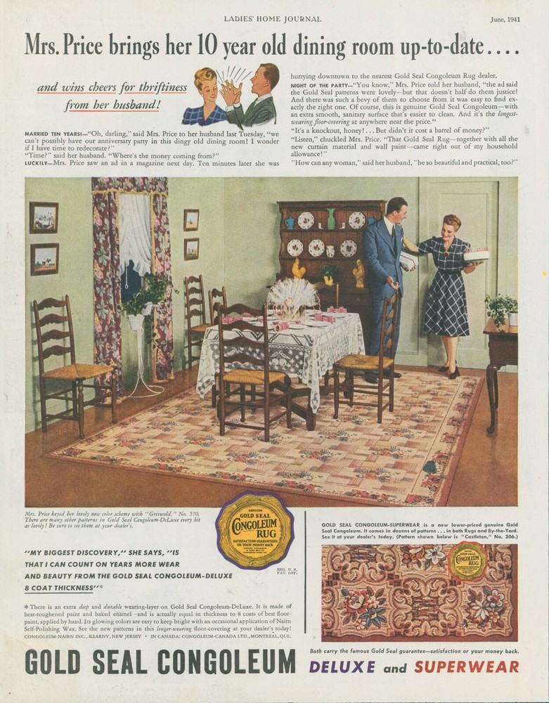 1941 Gold Seal Congoleum Rug Update Dining Room Party Cake Vintage Print Ad LHJ3