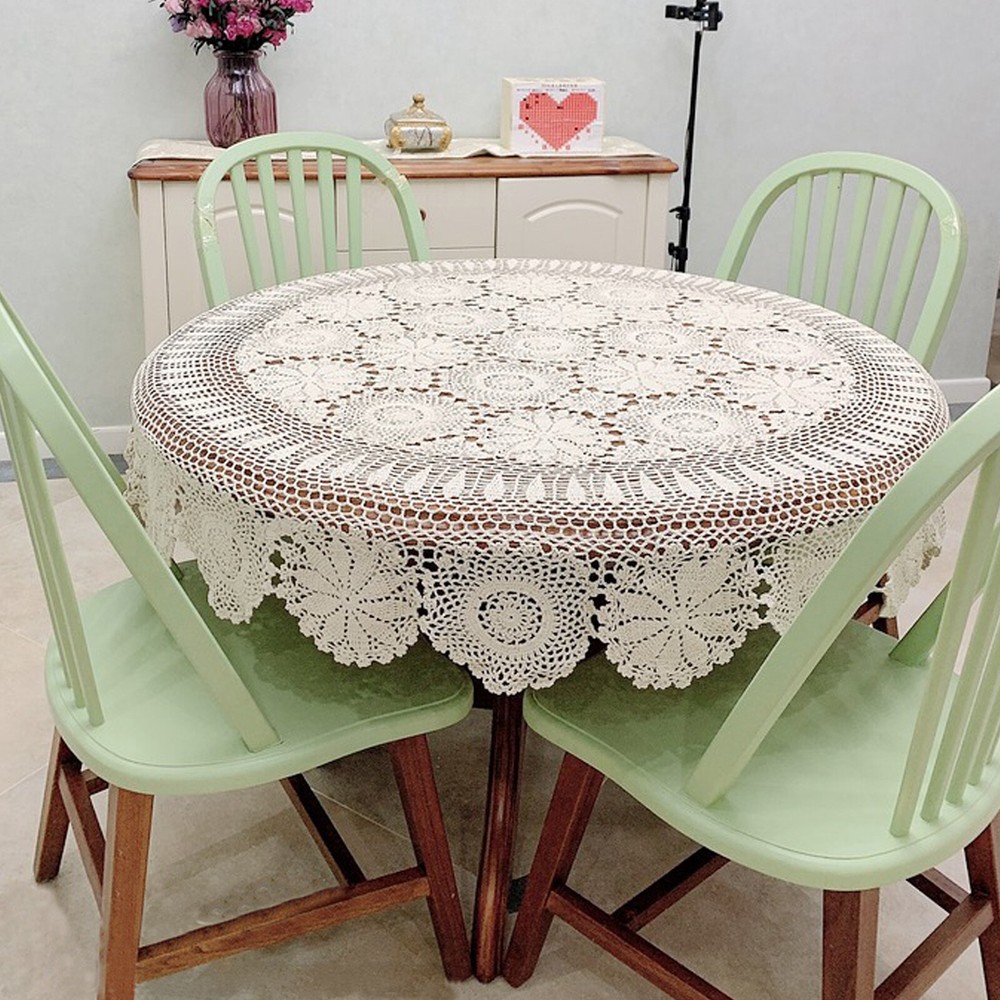 Round Hand Crochet Tablecloth Hollow-out Vintage Lace Table Cloth Floral Doily