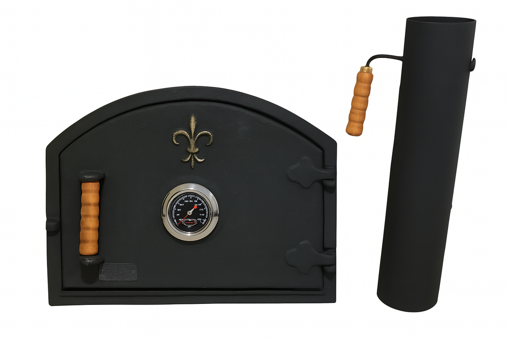 Cast Iron Pizza Oven Door and Chimney Set with Thermometer for Clay Ovens