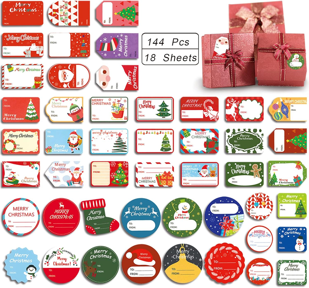 144 Pcs Christmas Gift Tags, Christmas Self Adhesive Gift Tag Stickers, Holiday