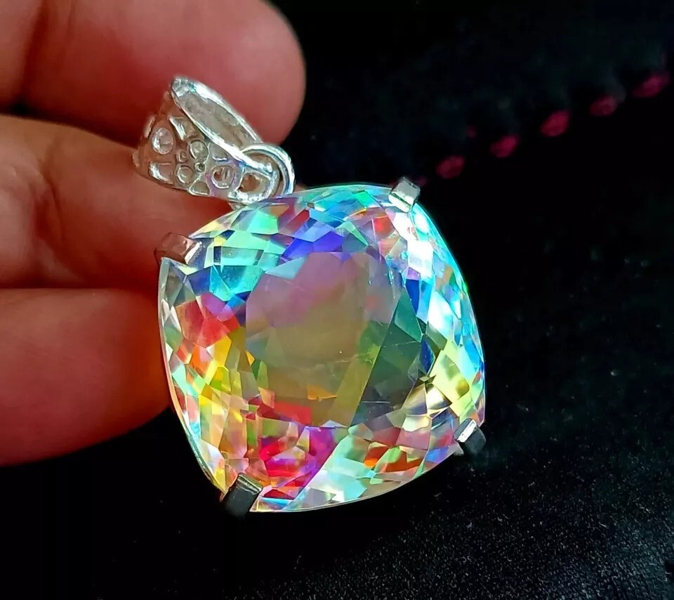 90.40 Ct Natural Mystic Rainbow Cushion Cut 925 Silver Pendant Gemstone