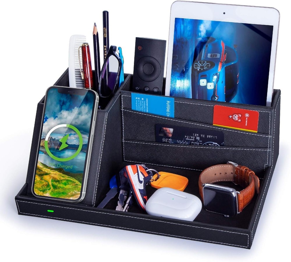 Multi-Functional Black Faux Leather Nightstand Organizer with Built-in Charger