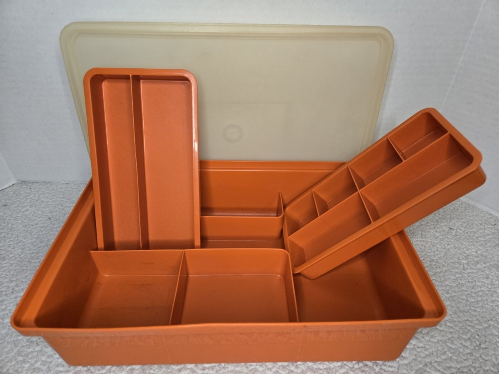 Vintage Tupperware Tuppercraft Organizer w/ Lid 1421-4 Burnt Orange 4-Piece Set