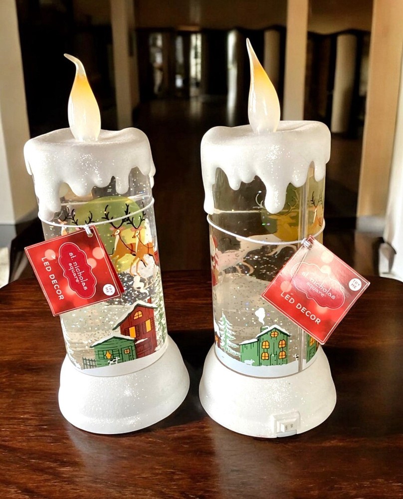 Rare St Nicholas Square LED snow globe Christmas candles lot of 2