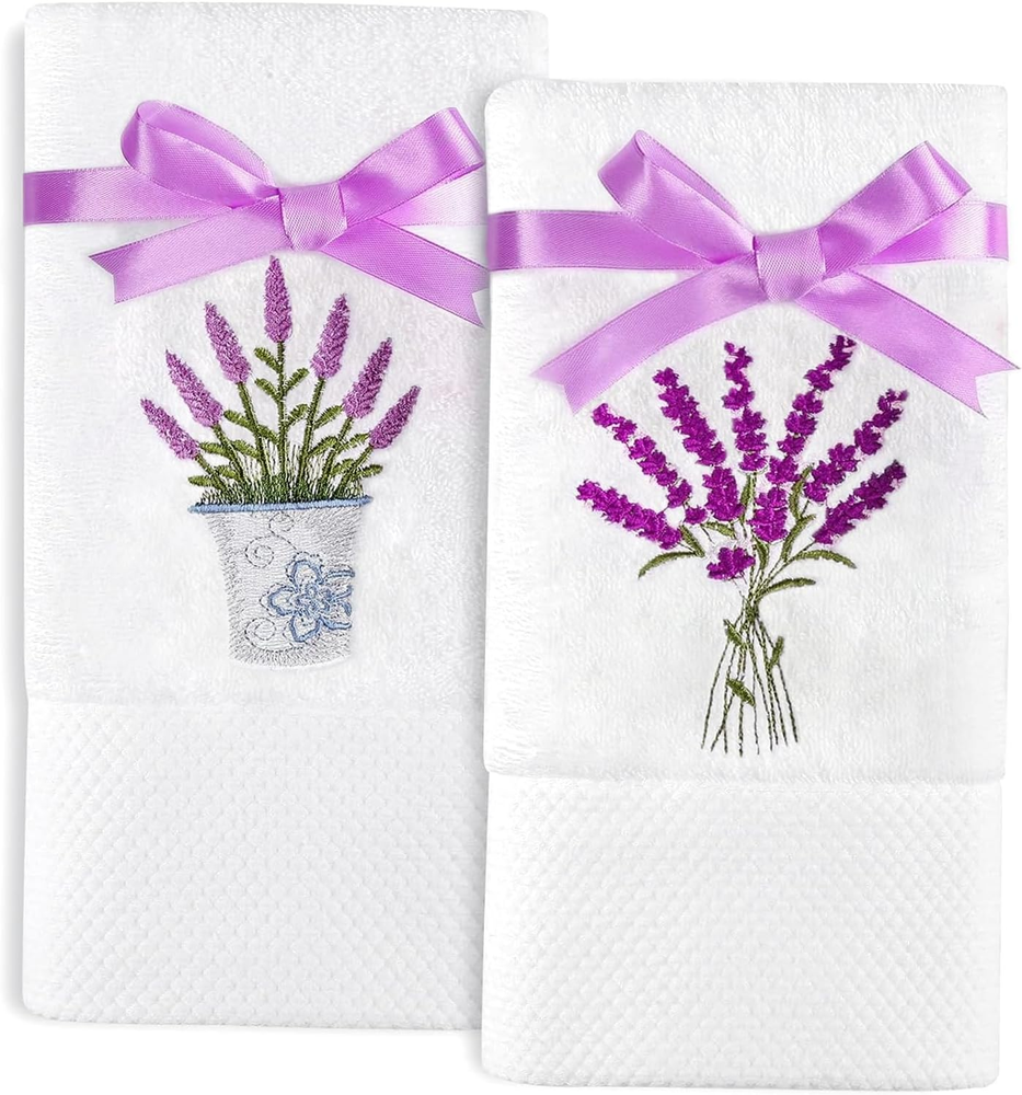 Luxury 2-Pack Lavender Hand Towels 100% Cotton Embroidered Premium Soft