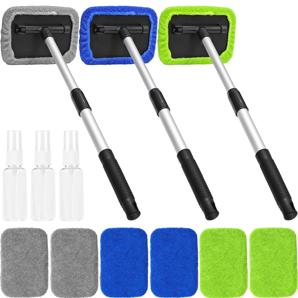Extendable Car Windshield Cleaner Kit with 9 Microfiber Pads & 3 Sprays