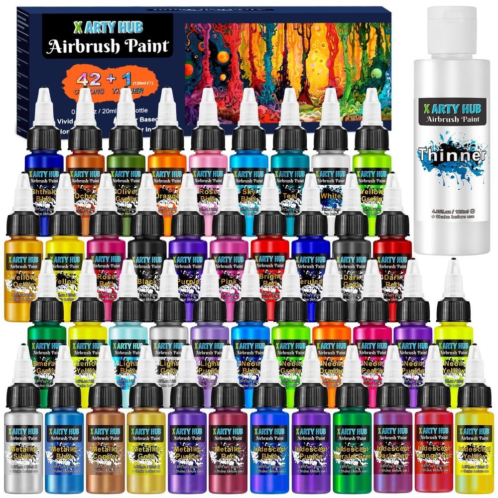 Airbrush Paint - 42 Colors with 4.05 Fl Oz Thinner, Iridescent, Neon and Meta...