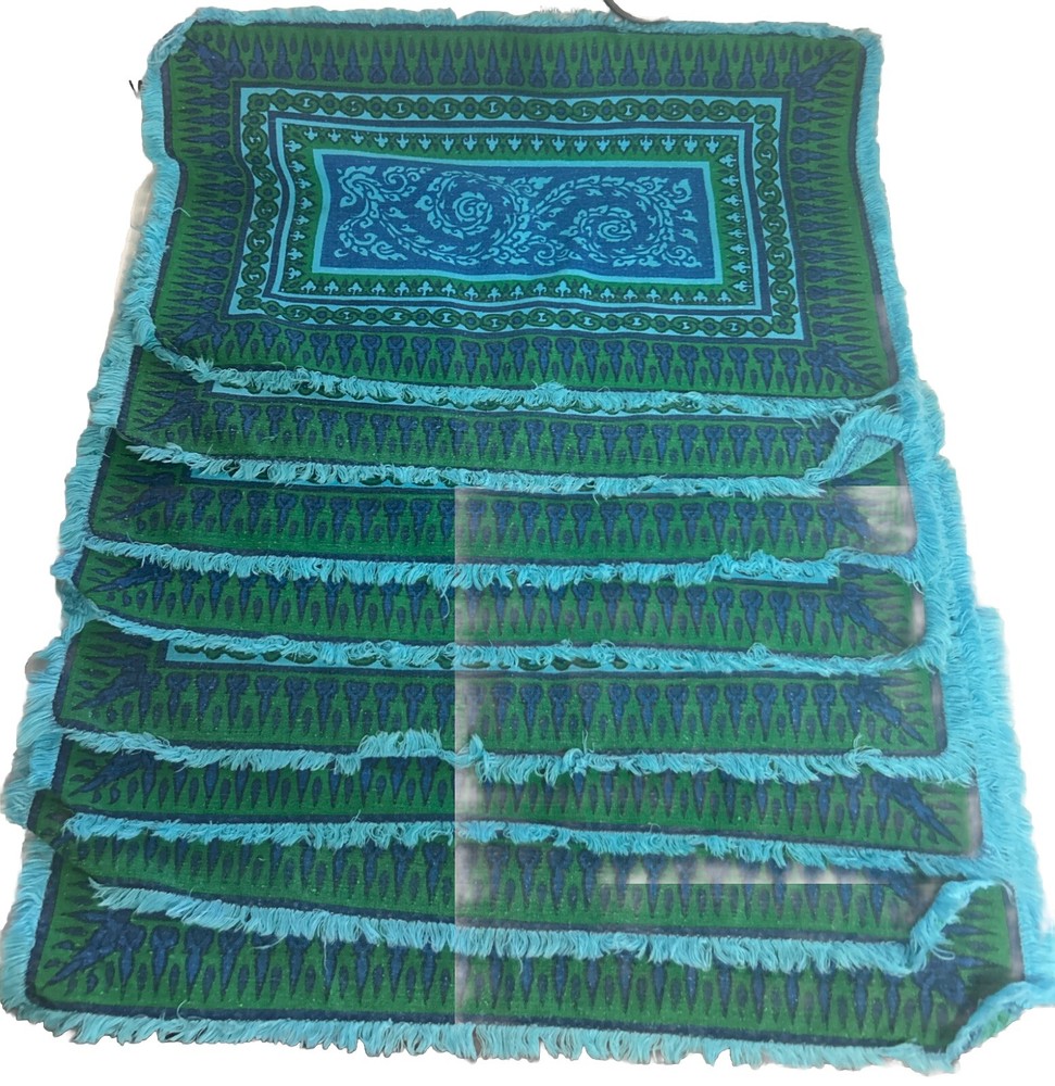 Indigo Blue /Green Placemats (set 8) India Cotton Frayed Edge Ethnic Decor