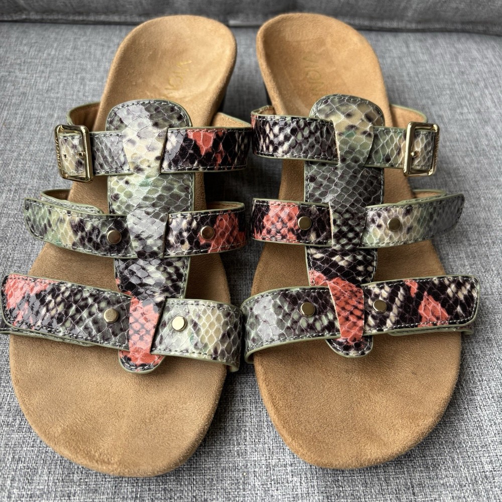 Vionic 381 Radia Slip On Wedge Sandal Women Size 7W Multicolored Snake Print