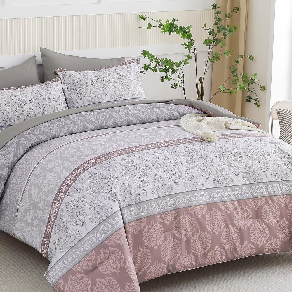 Boho Comforter Set Queen Size 7 Piece Bed in a Bag Pink and Grey Bed Comforte...
