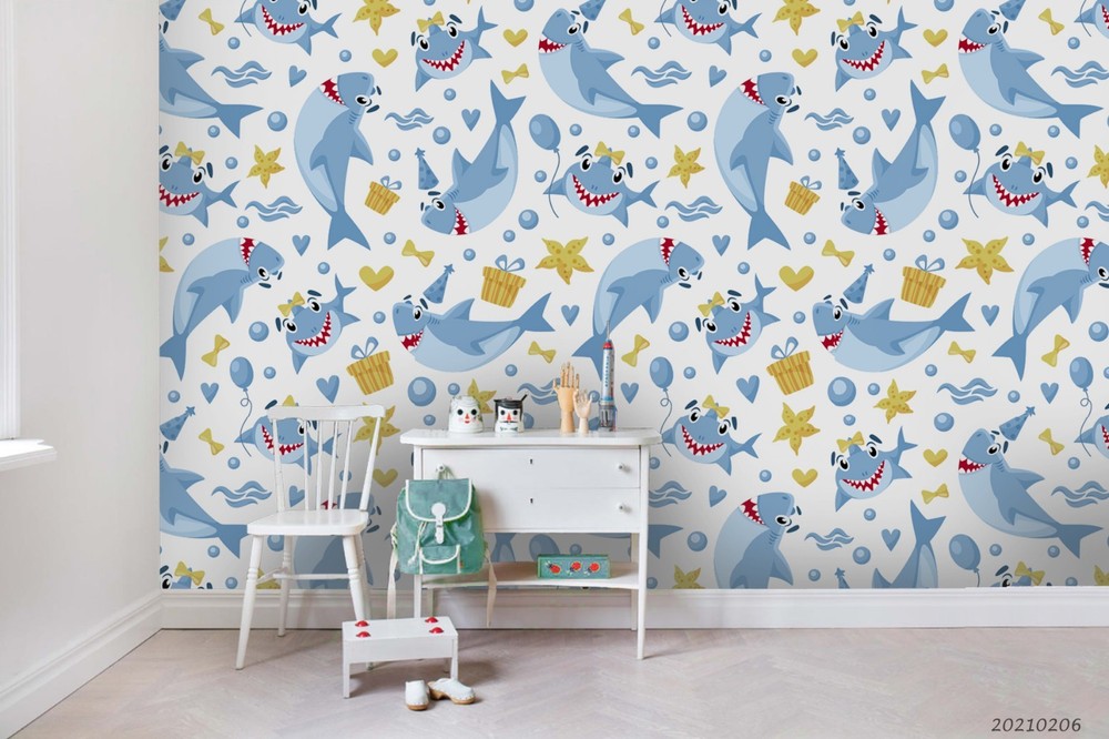 3D Shark Starfish Cartoon Pattern Wall Murals Wallpaper Murals Wall Sticker 4