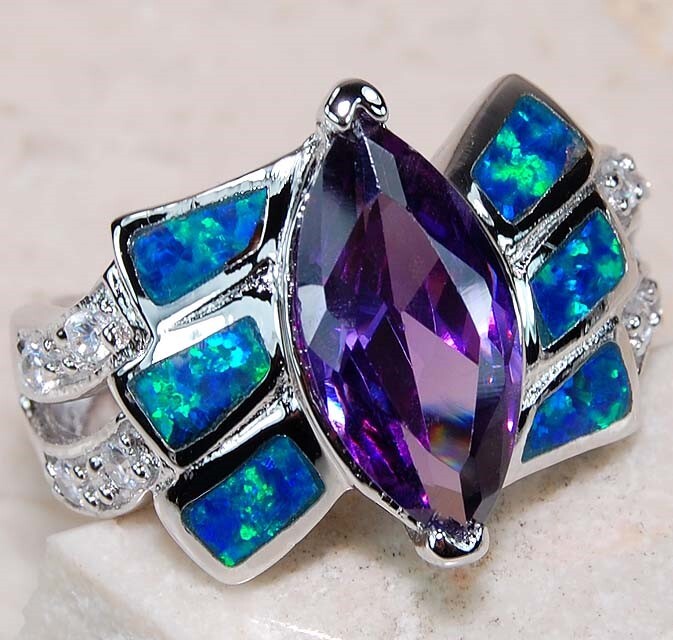 2CT Amethyst Australian Opal Inlay 925 Sterling Silver Ring Size 8 BA4 Glam Jewelry