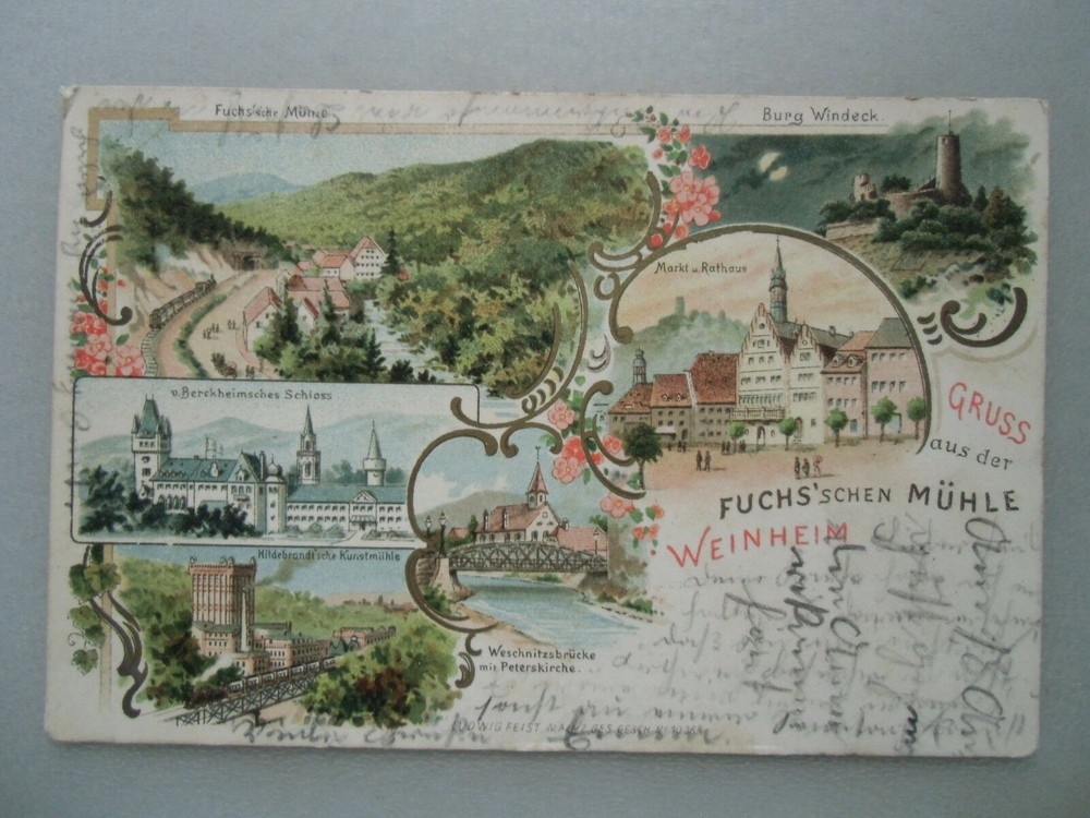 Postcard Weinheim greeting from Fuchsian mill 1898 litho