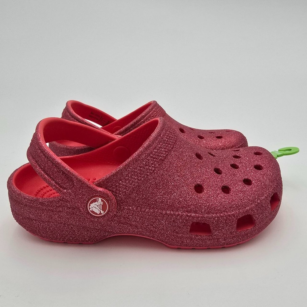 Crocs Classic Glitter Clogs Girl's Size 3 Red Sparkle Slip On Casual Comfort