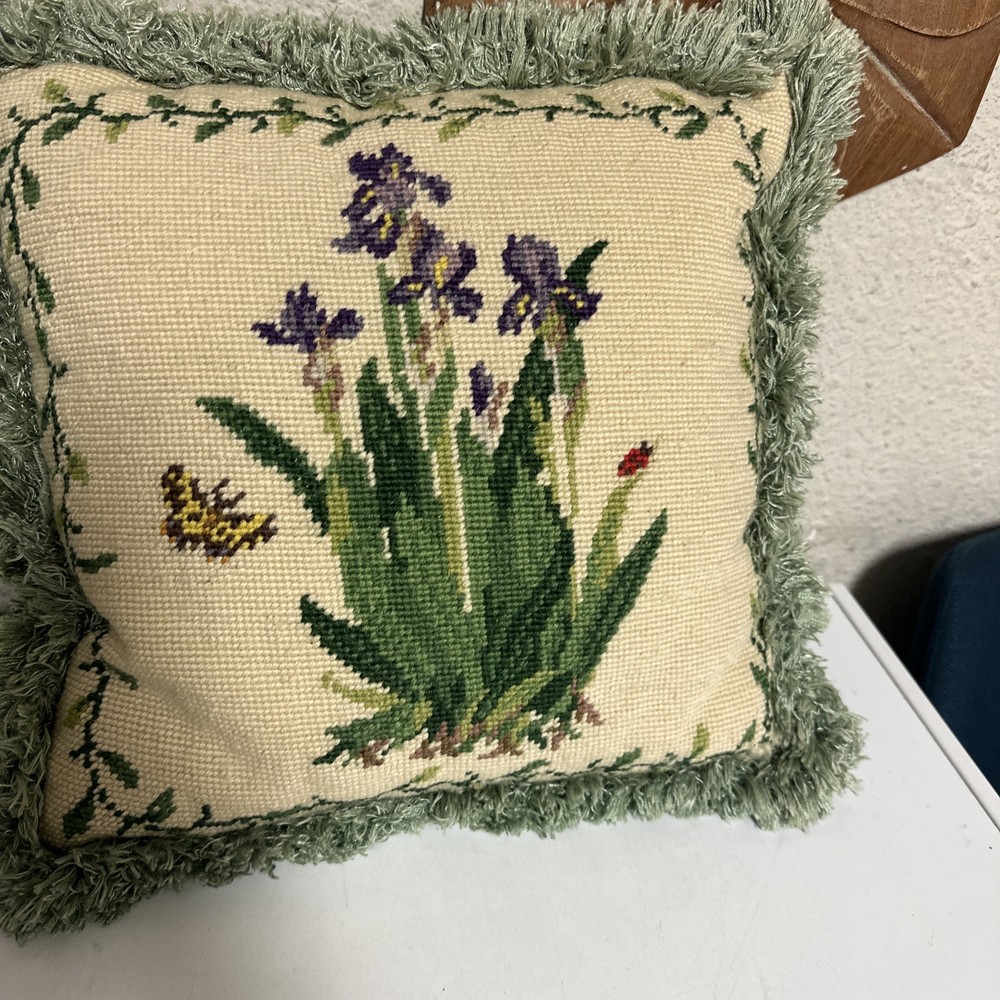 Vintage Needlepoint Iris Pillow w/ Green Fringe Floral Cushion