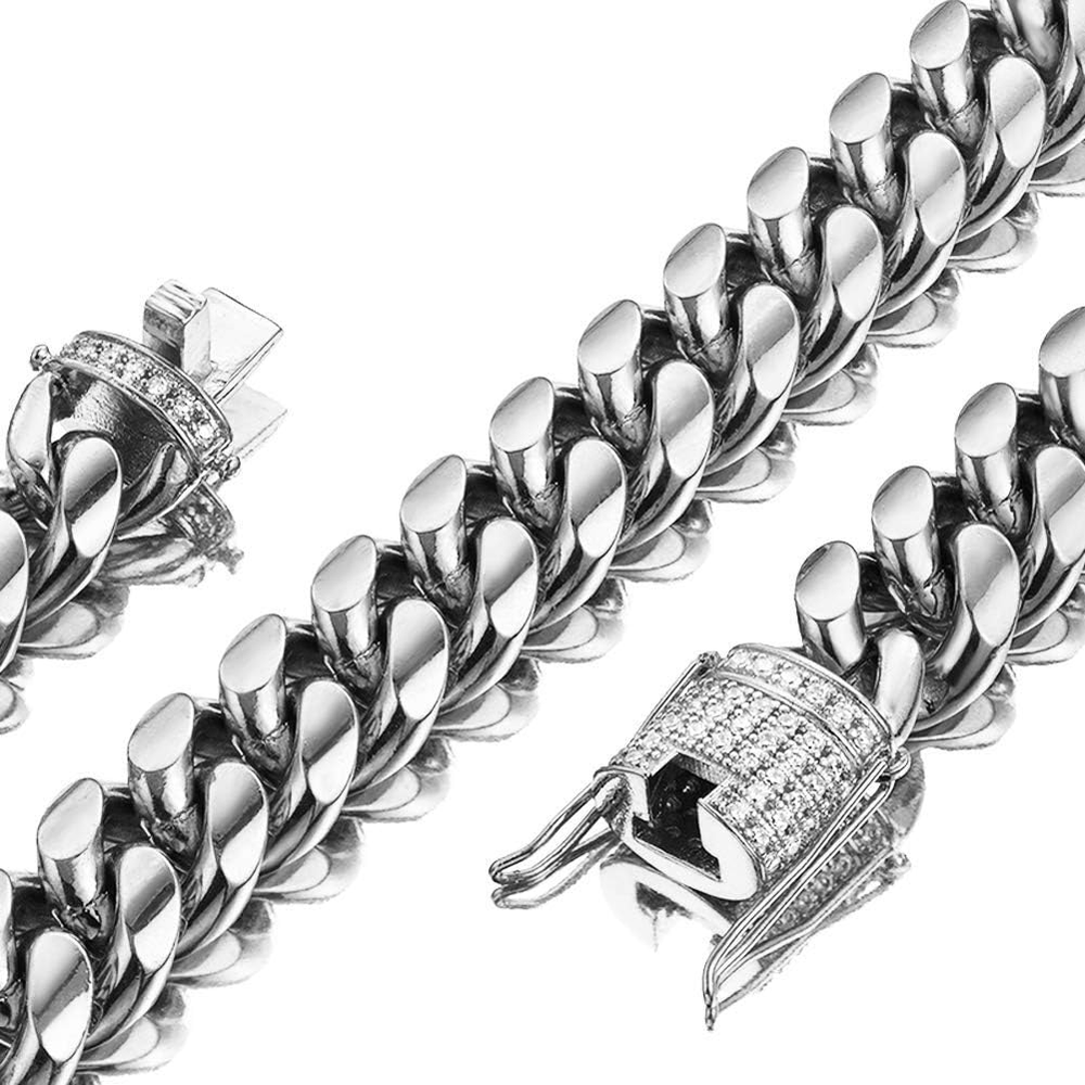 Men's 15mm Stainless Steel Miami Cuban Link Chain Necklace with CZ Diamonds