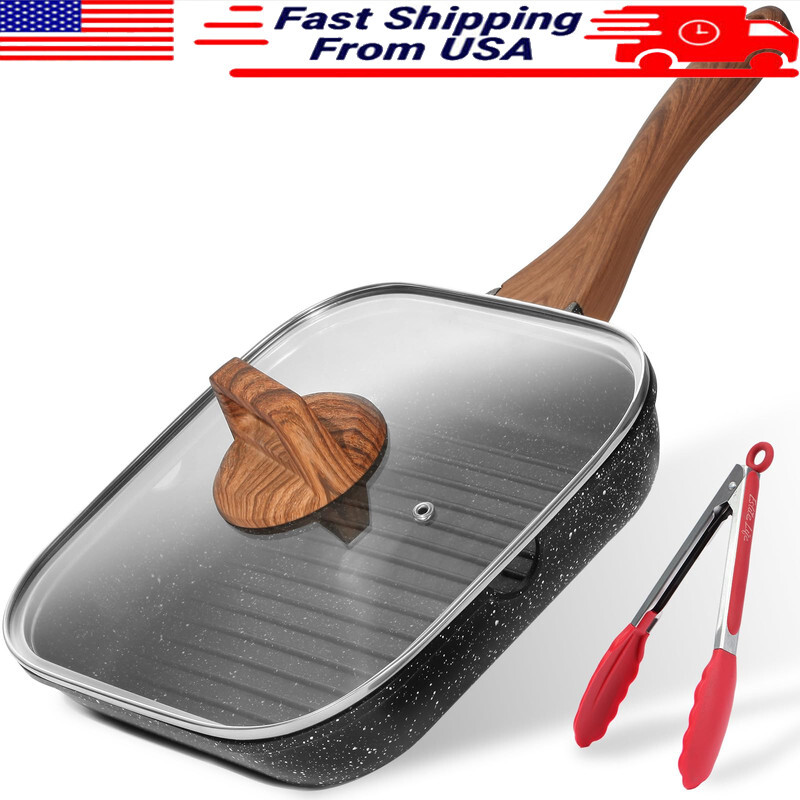 Nonstick 11 Inch Grill Pan W/ Lid Durable Induction Cooking Steak Skillet